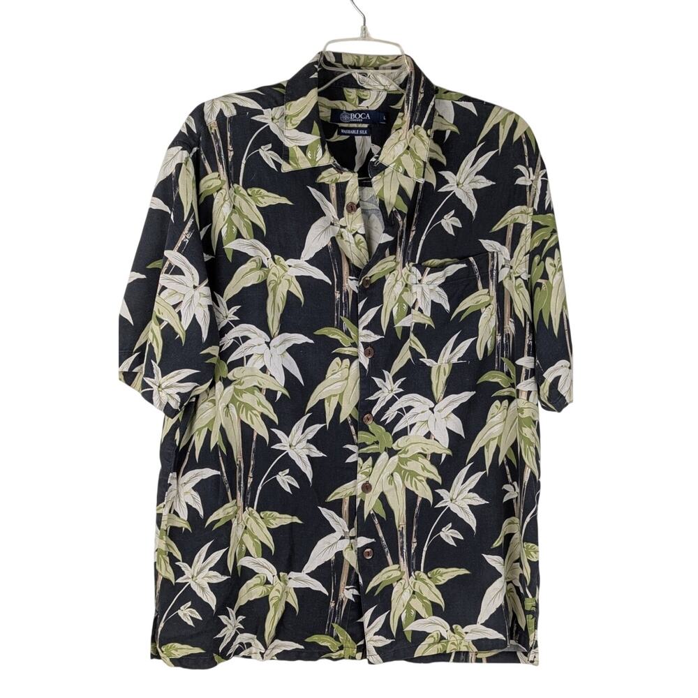 Boca Classics Men’s Shirt Lge Washable Silk Black Bamboo Tropical Oversized EUC